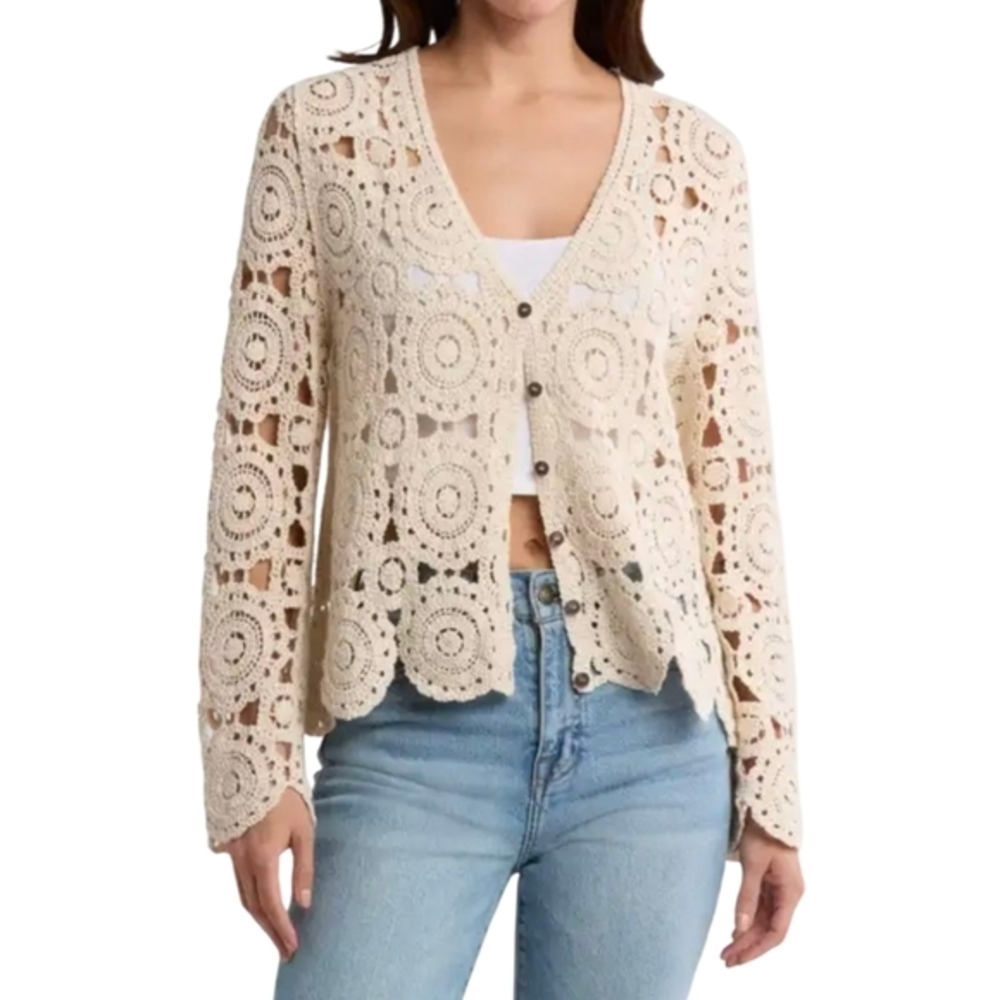 Liv Los Angeles Elegant Cream‎ Crochet Women's Cardigan Sweater Plus Size 1X New
